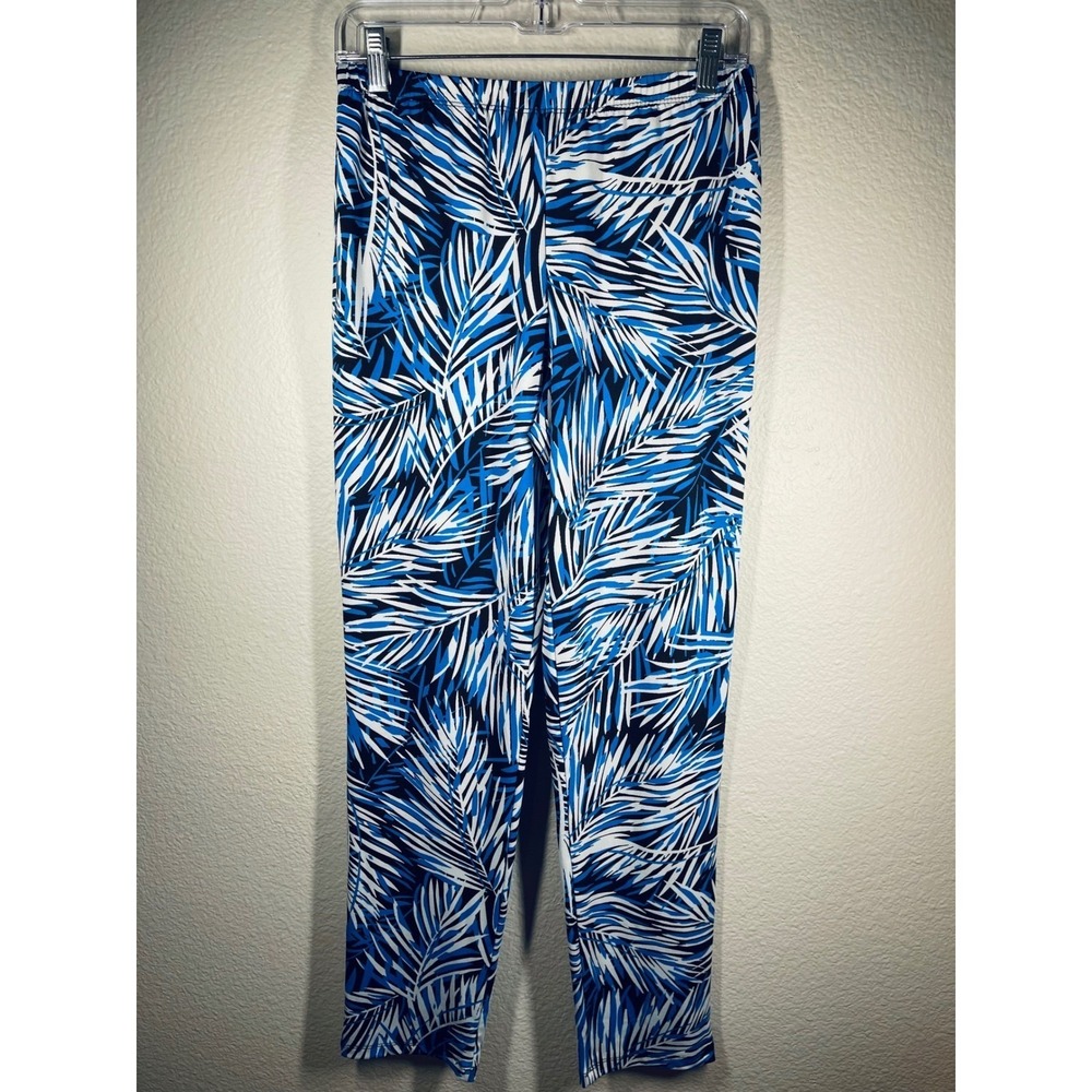 Slinky Brand Women's Tropical Palm Leaf Print Leggings Pants Blue Black White M